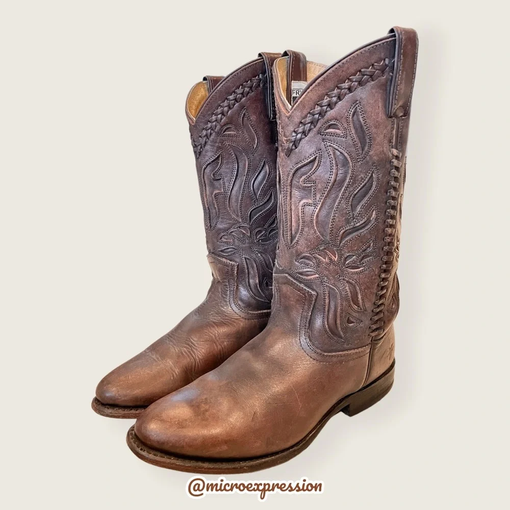 $429 Frye Wyatt Overlay Brown Leather Embroidered Pattern Tall Cute Cowboy Boot
